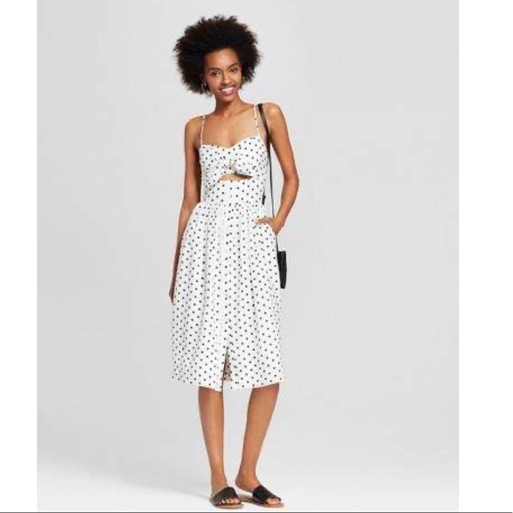 Polka Dot Button-Down Knot Front Midi Dress